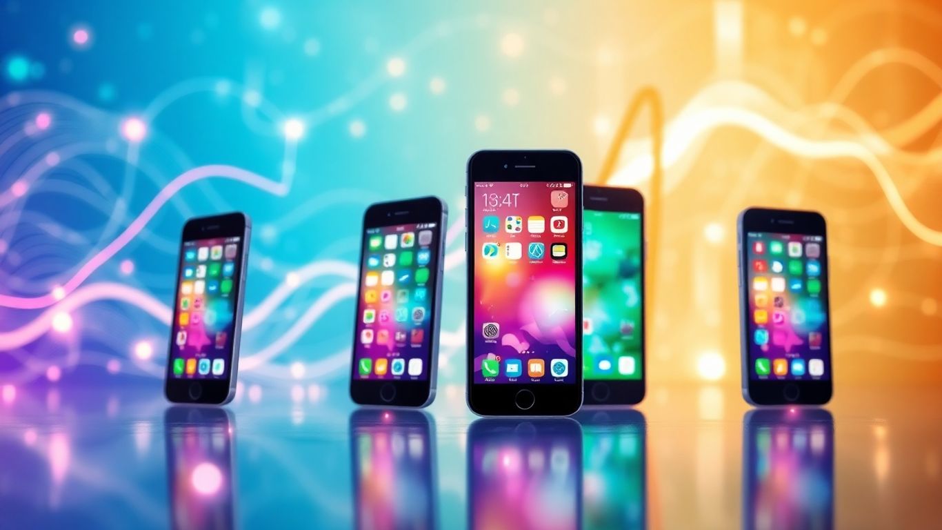 five smartphones with colorful app icons and digital waves