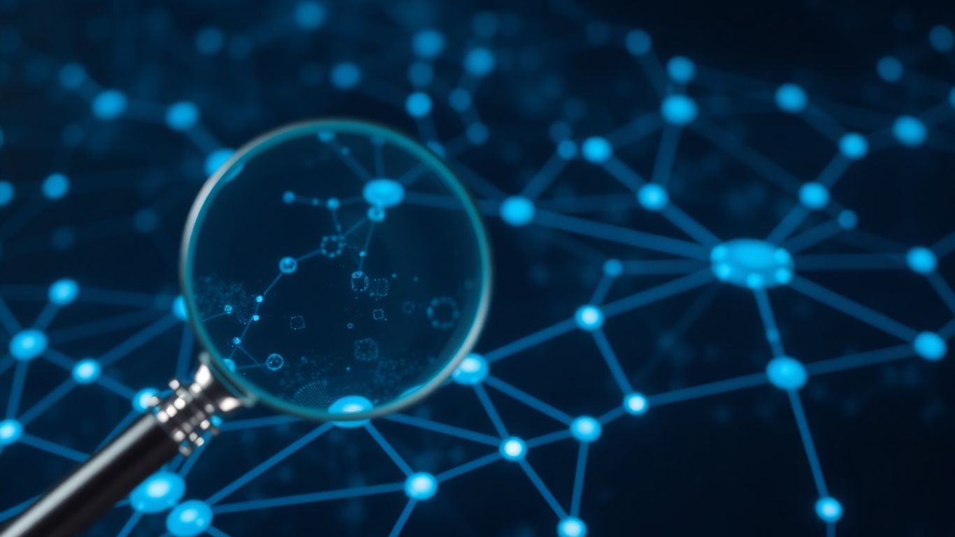 magnifying glass over blue digital network nodes