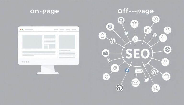 On-page SEO with website vs off-page SEO network icons