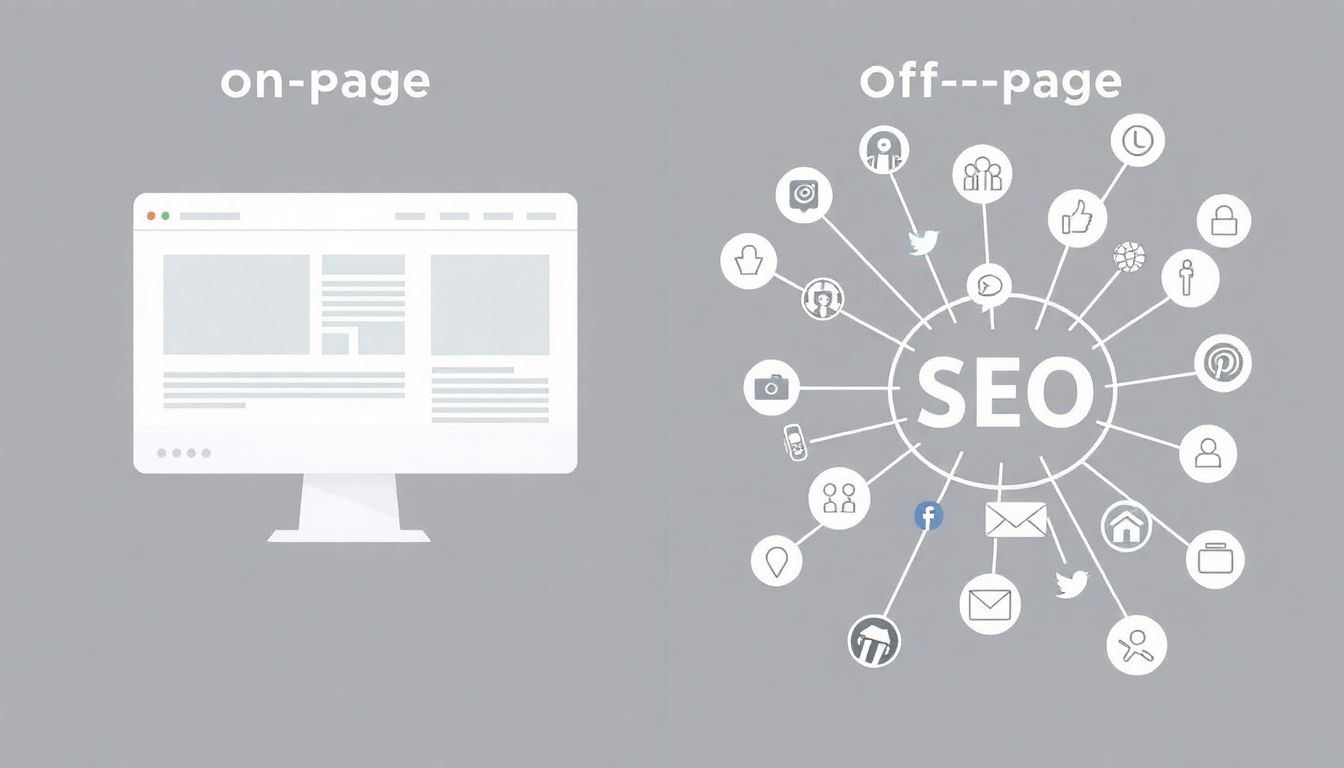 On-page SEO with website vs off-page SEO network icons