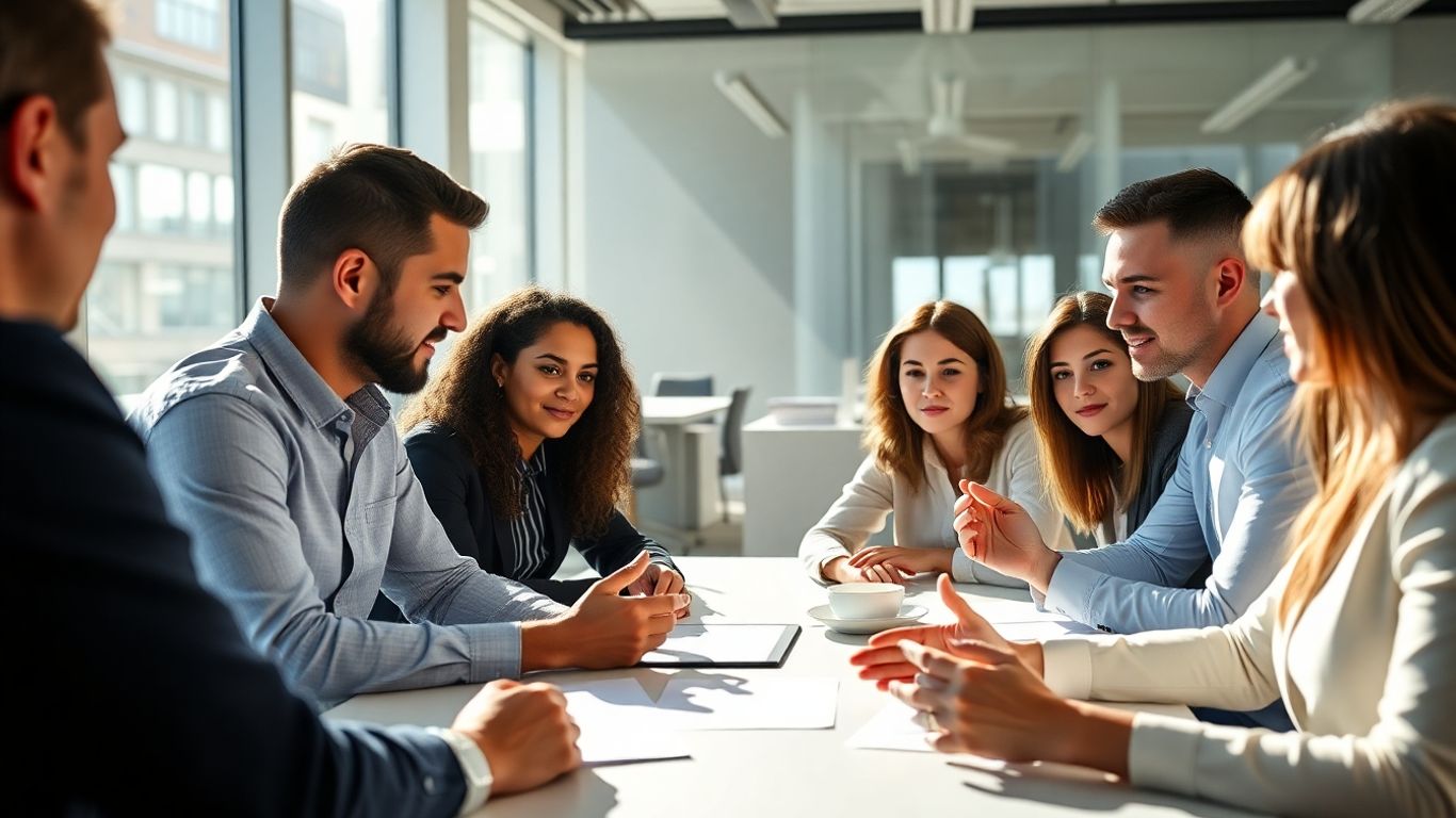 Group of professionals having a meeting in a bright office