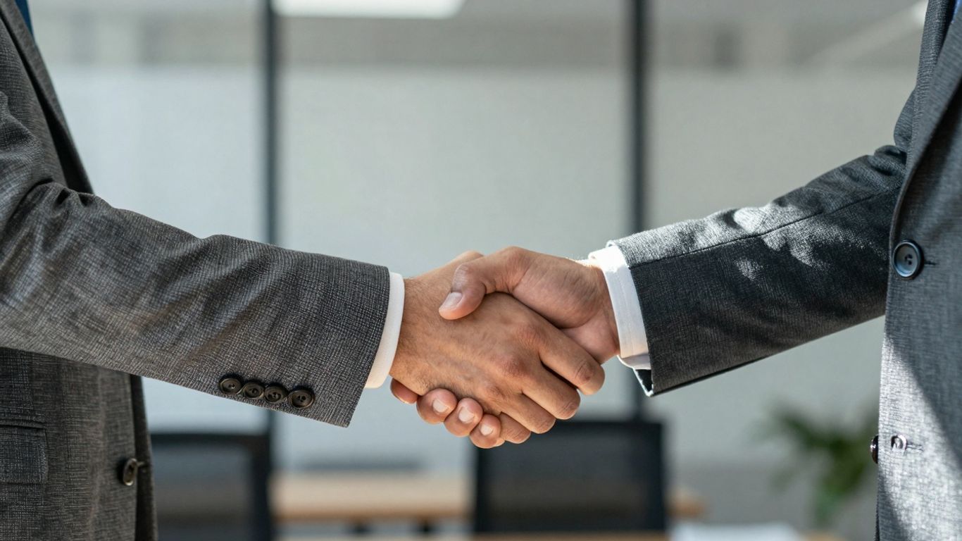 Two people in suits shaking hands in an office