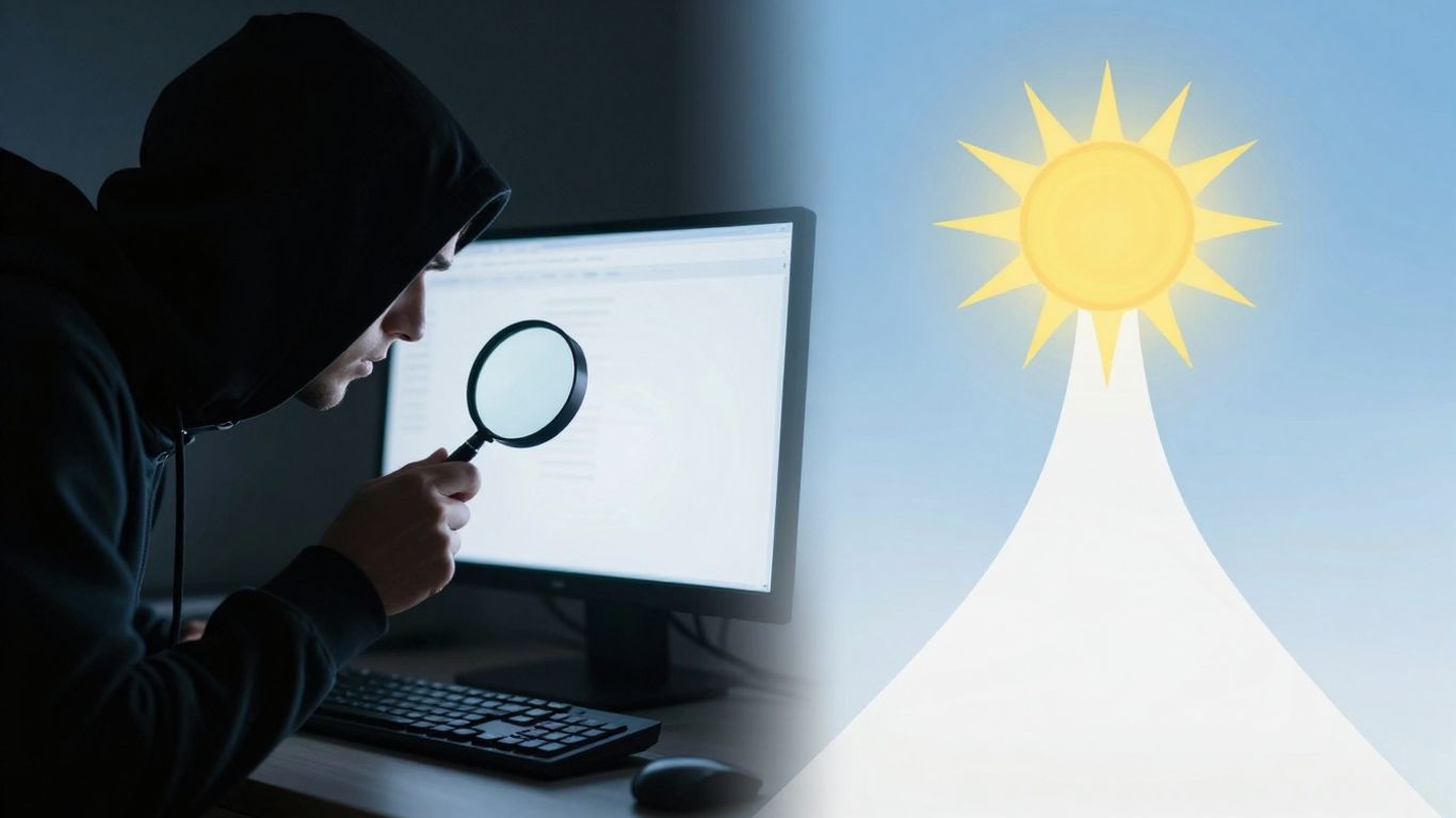 person in hoodie examining computer screen with magnifying glass