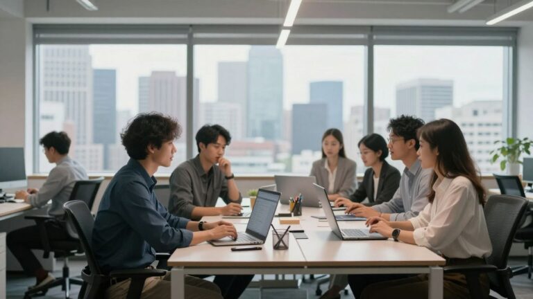 team of professionals working on laptops in modern office