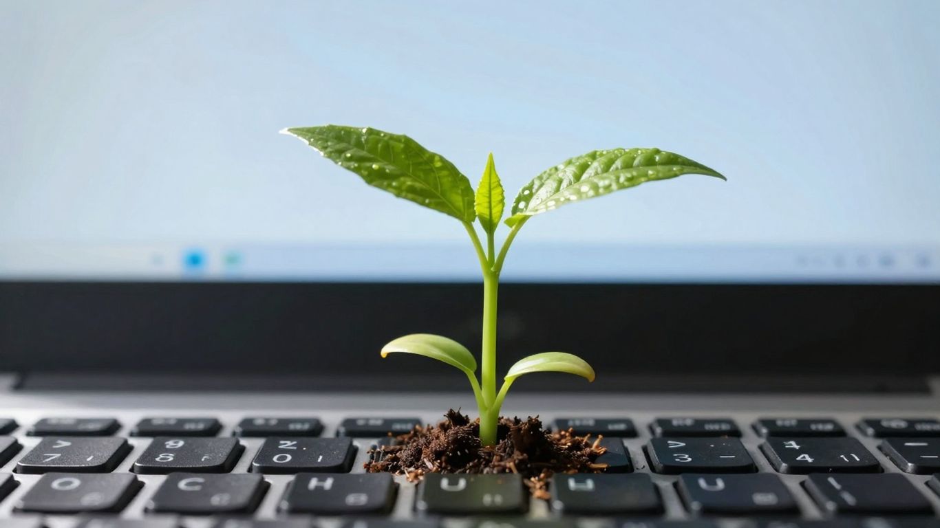 Website growth with a plant and keyboard.