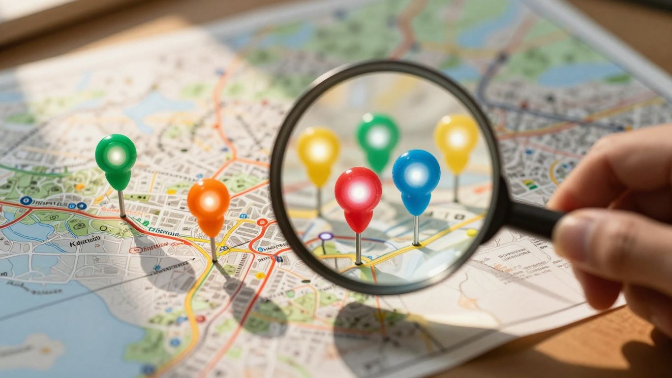 Magnifying glass over map with local pins.