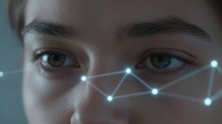 Eyes looking at glowing network of connections