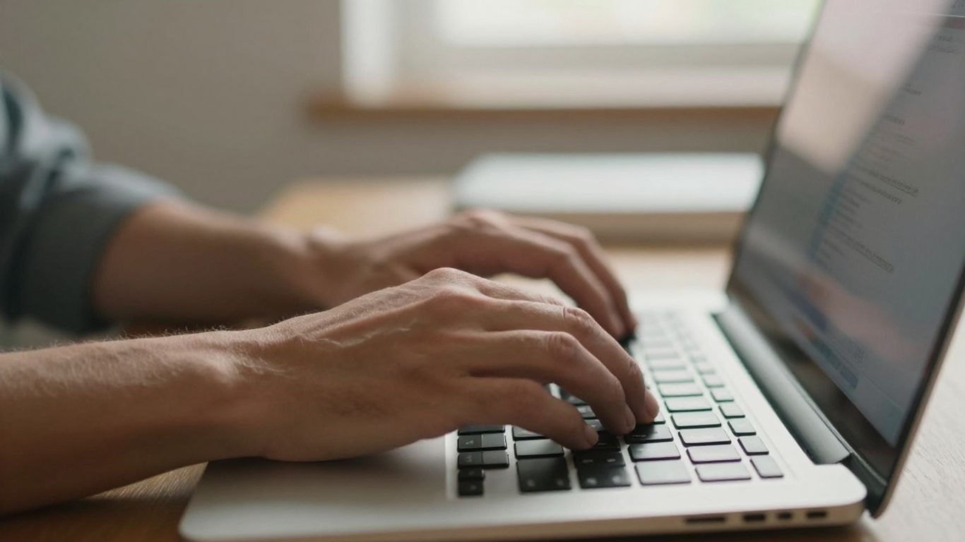 Hands typing on a laptop keyboard for SEO keywords.