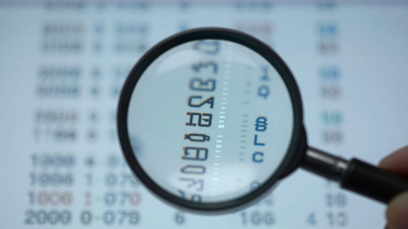 Magnifying glass over digital data points.