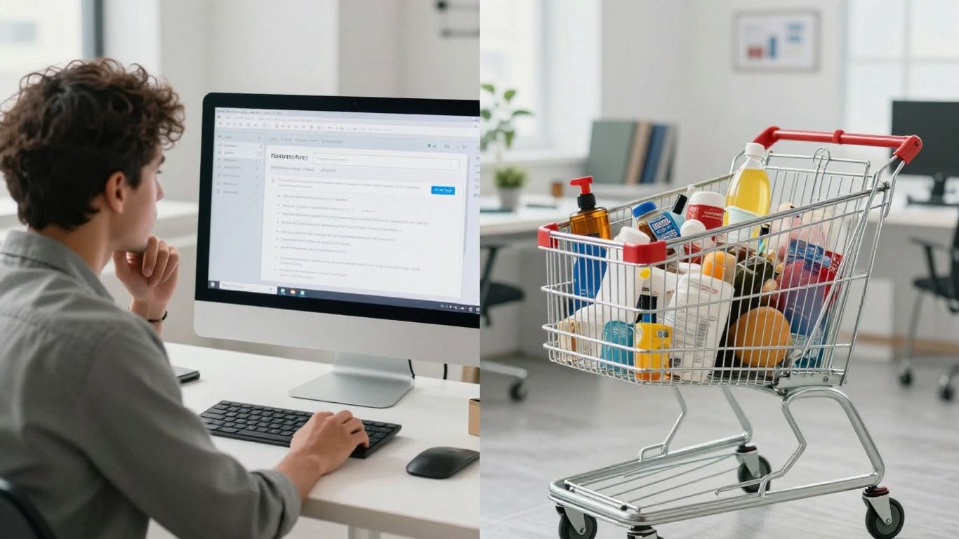 Man at computer and shopping cart with groceries