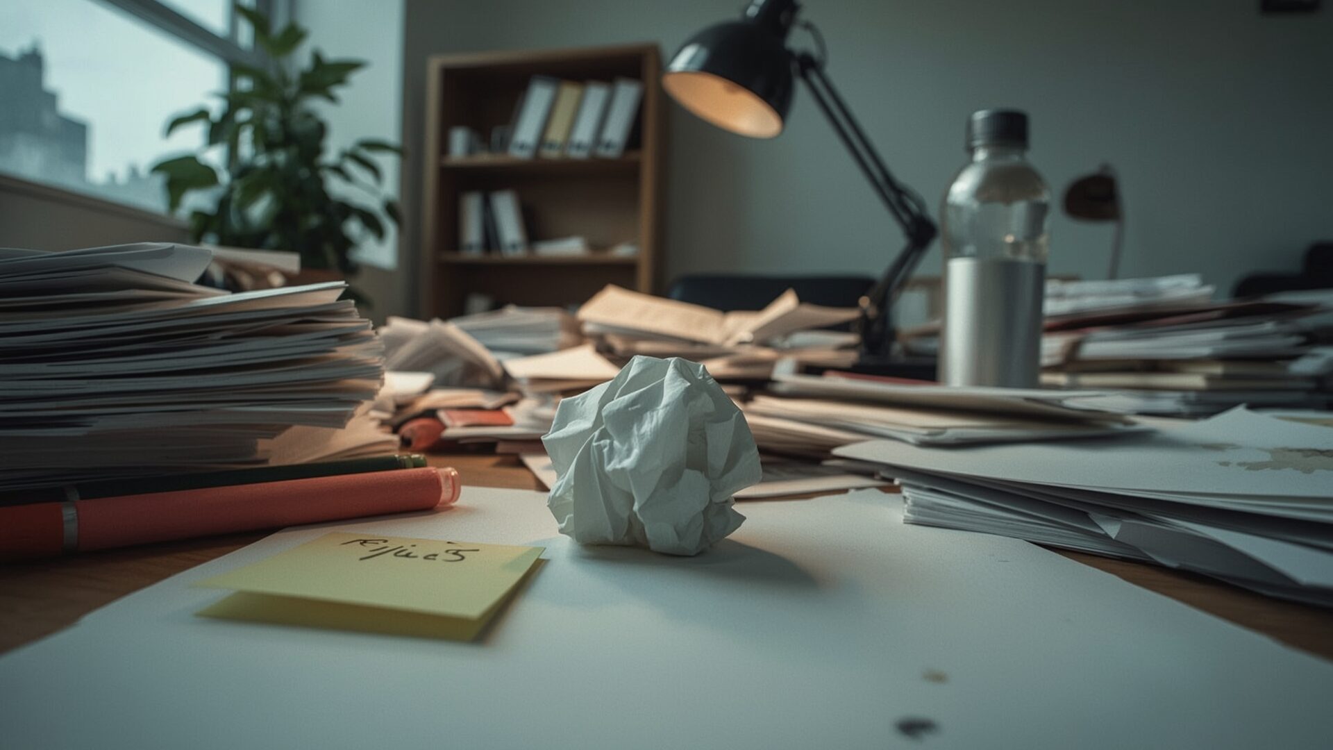 Cluttered disorganized desk with scattered papers illustrating common SEO content strategy mistakes