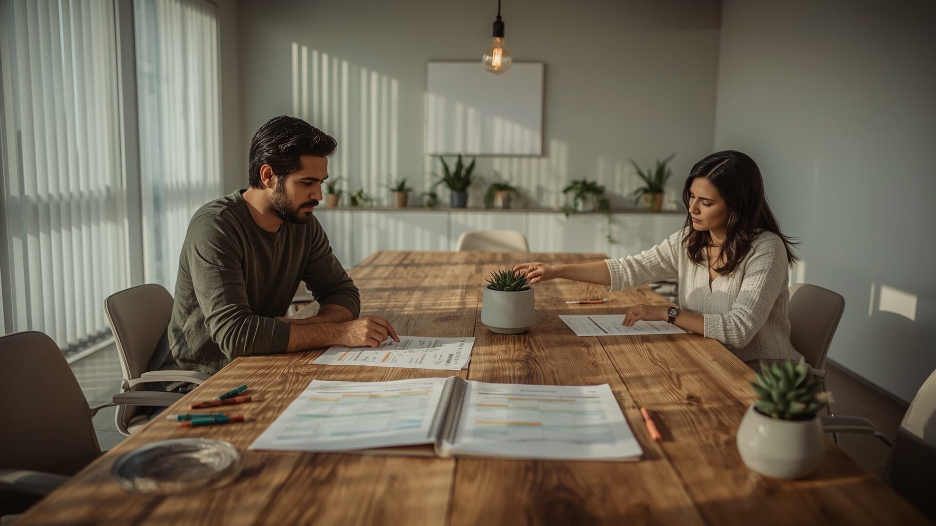 Two colleagues reviewing printed content strategy spreadsheets at a reclaimed wood conference table