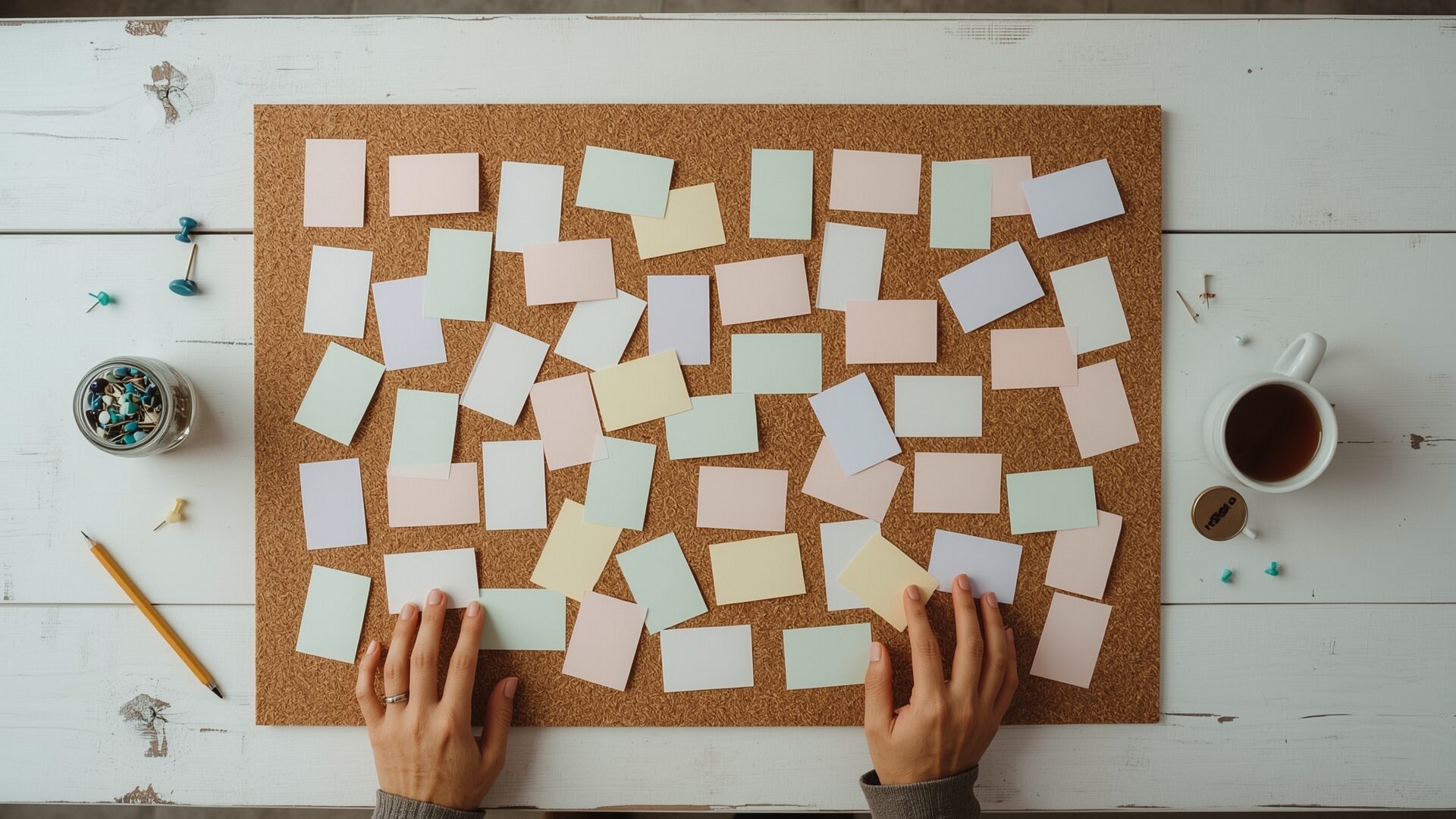 Overhead view of color-coded index cards being sorted into intent groups on cork board