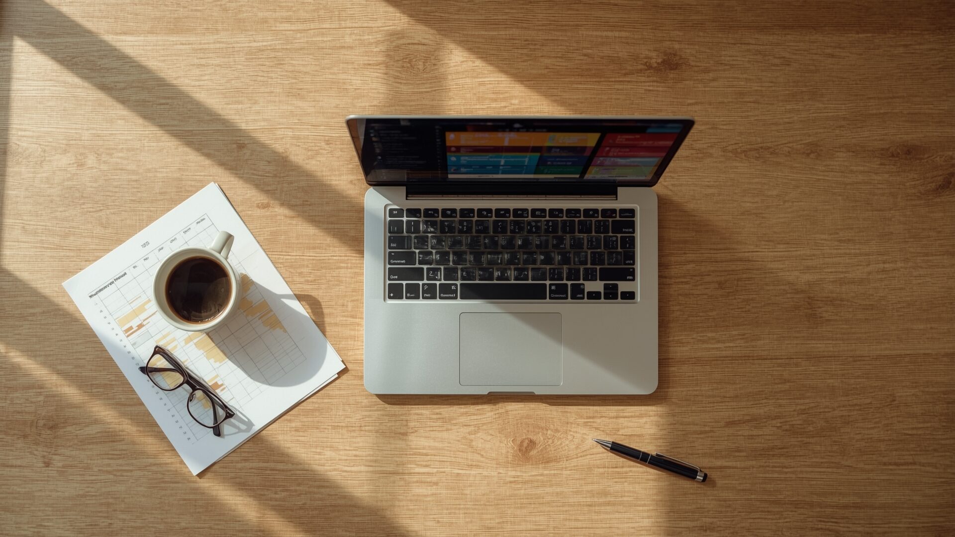 Overhead view of SEO audit desk with laptop data and highlighted keyword spreadsheet
