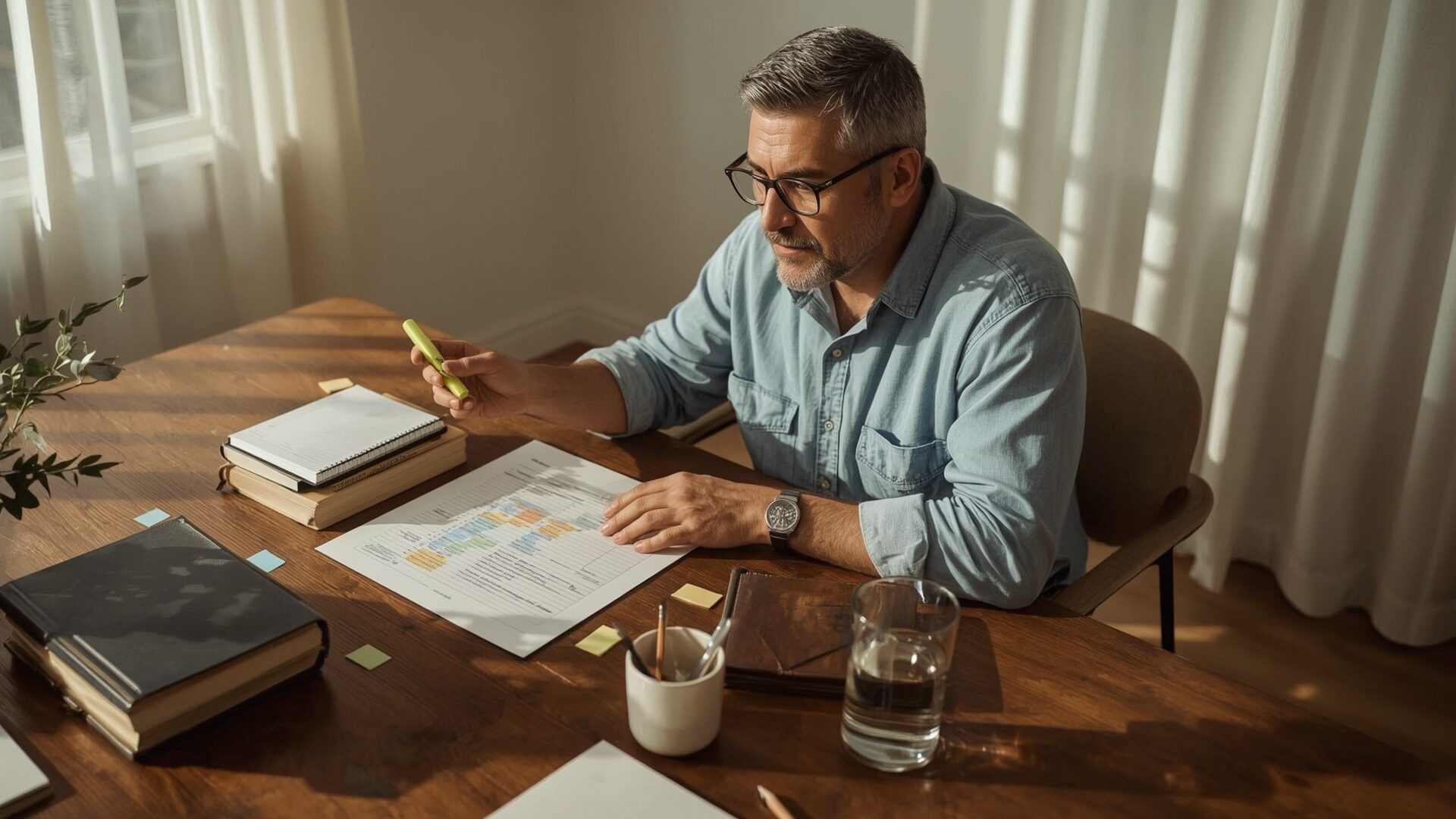 Man highlighting a printed keyword spreadsheet at a cluttered workspace table