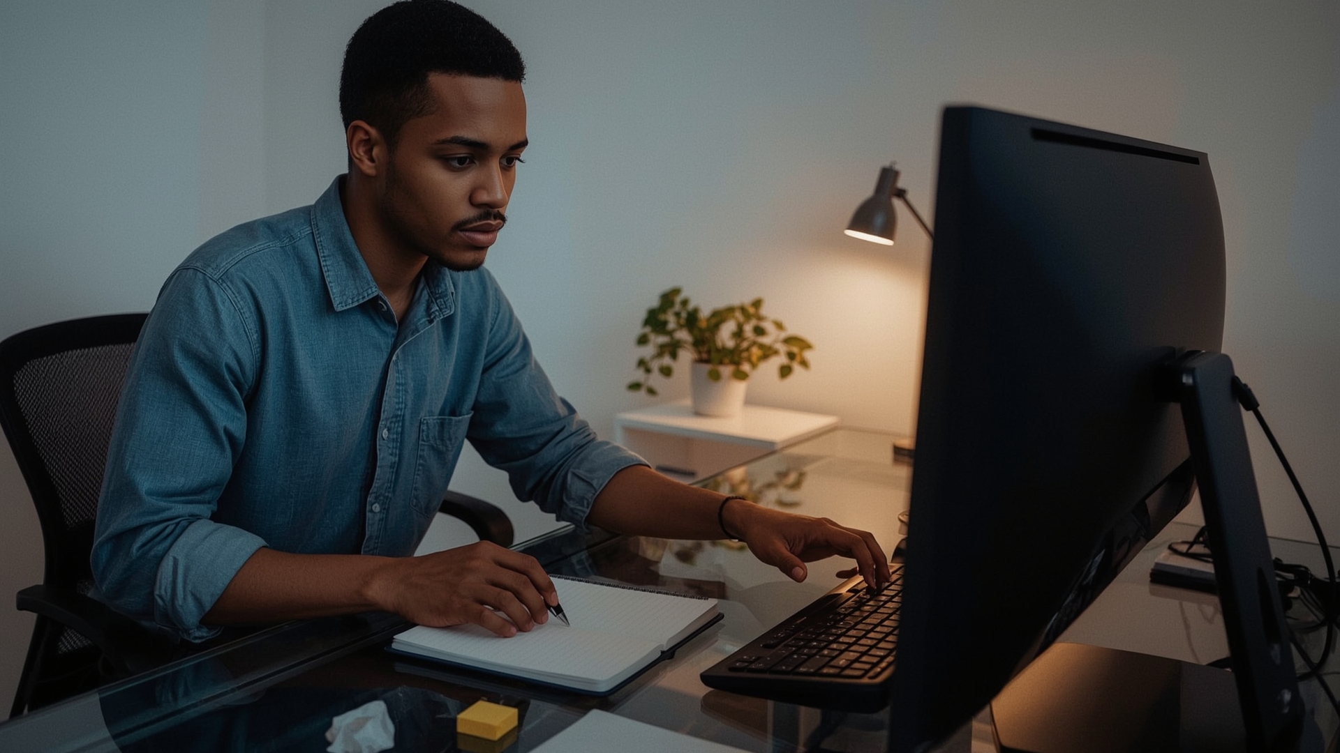 Marketing professional reviewing long-tail keyword performance data at modern office desk