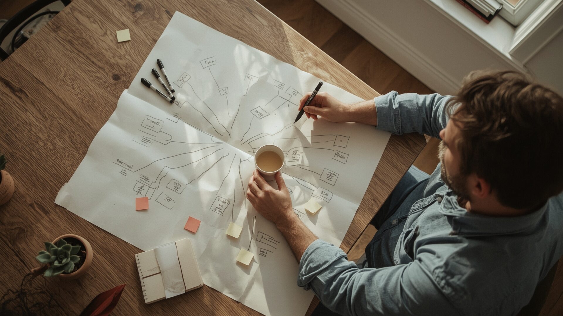Person mapping SEO topical strategy with handwritten mind map on large paper at desk