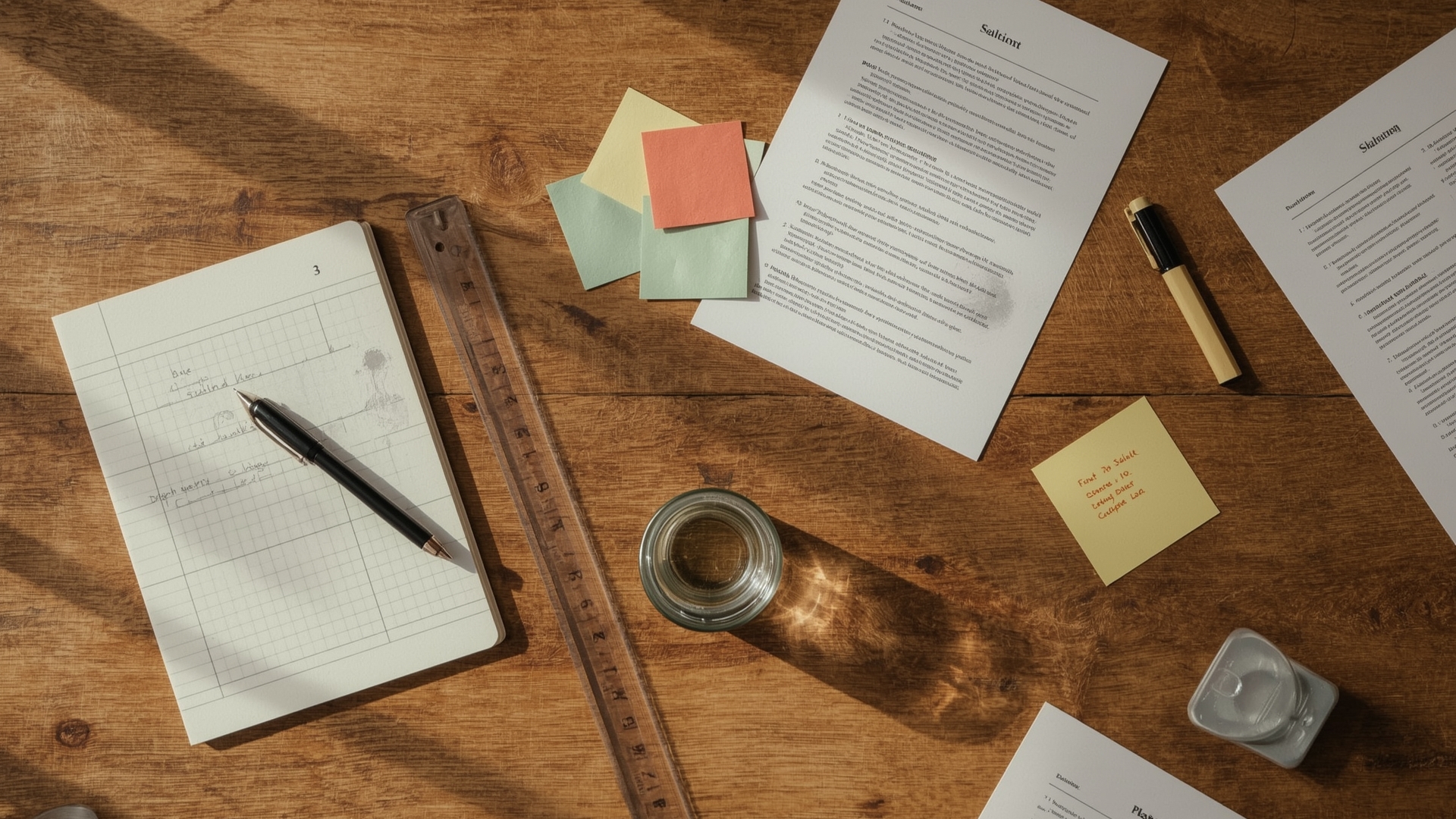 Overhead flat lay of keyword prioritization scoring notes and planning materials