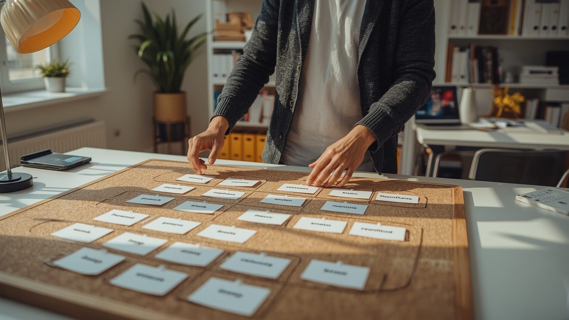 Person arranging cards on cork board in bright office