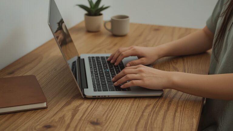 person typing on laptop at wooden desk with notebook and mug