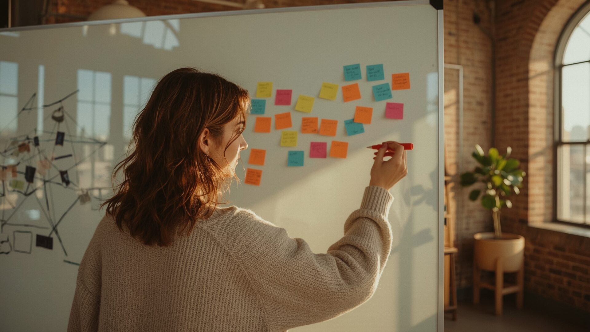 Woman drawing connections between sticky notes on glass whiteboard in loft office