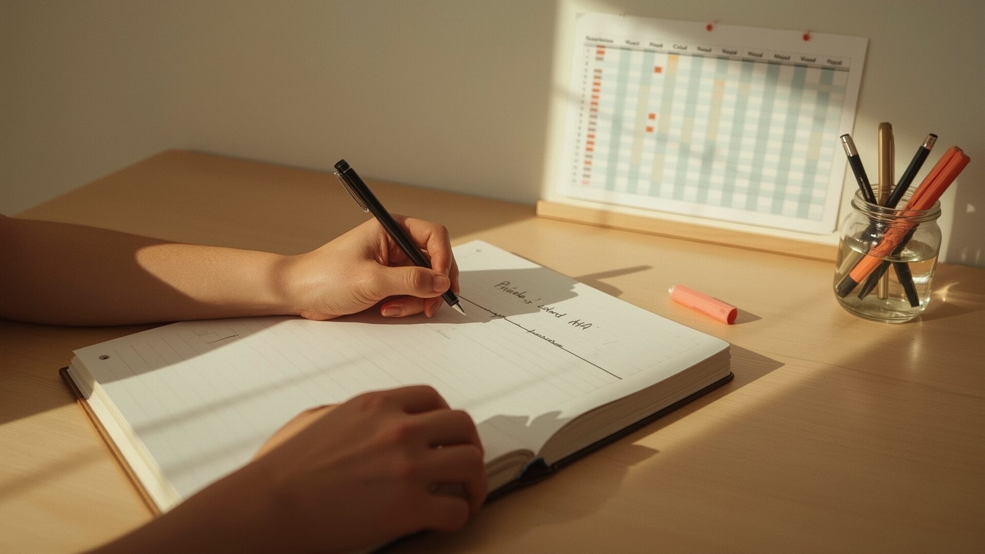 Hands writing structured keyword map in notebook to prevent keyword cannibalization planning