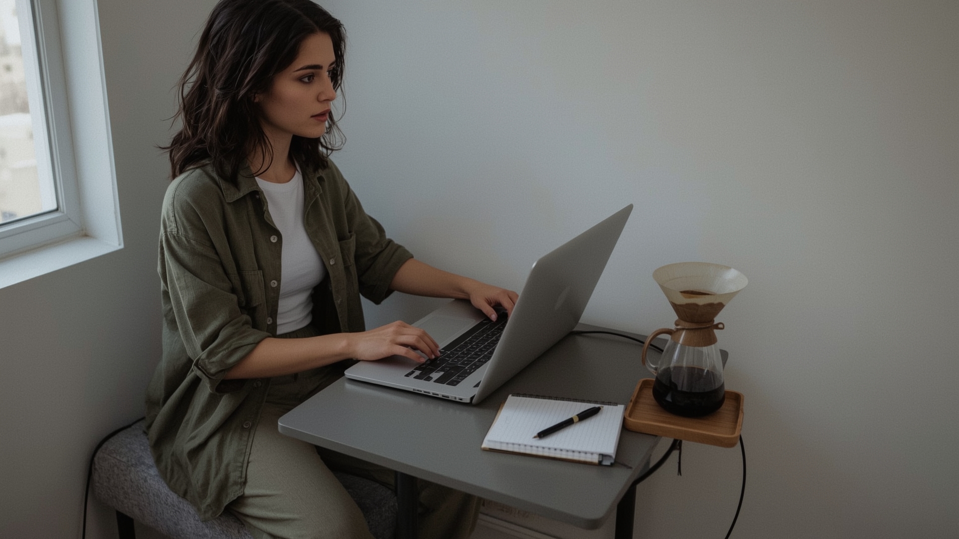 Young woman discovering long-tail keywords on laptop in minimal home workspace