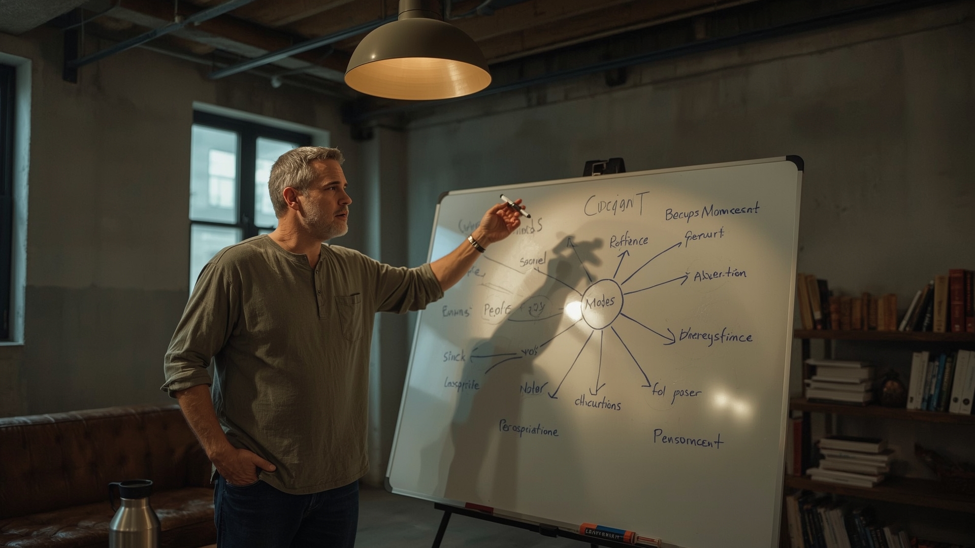 Content strategist mapping semantic SEO entity relationships on whiteboard in open office