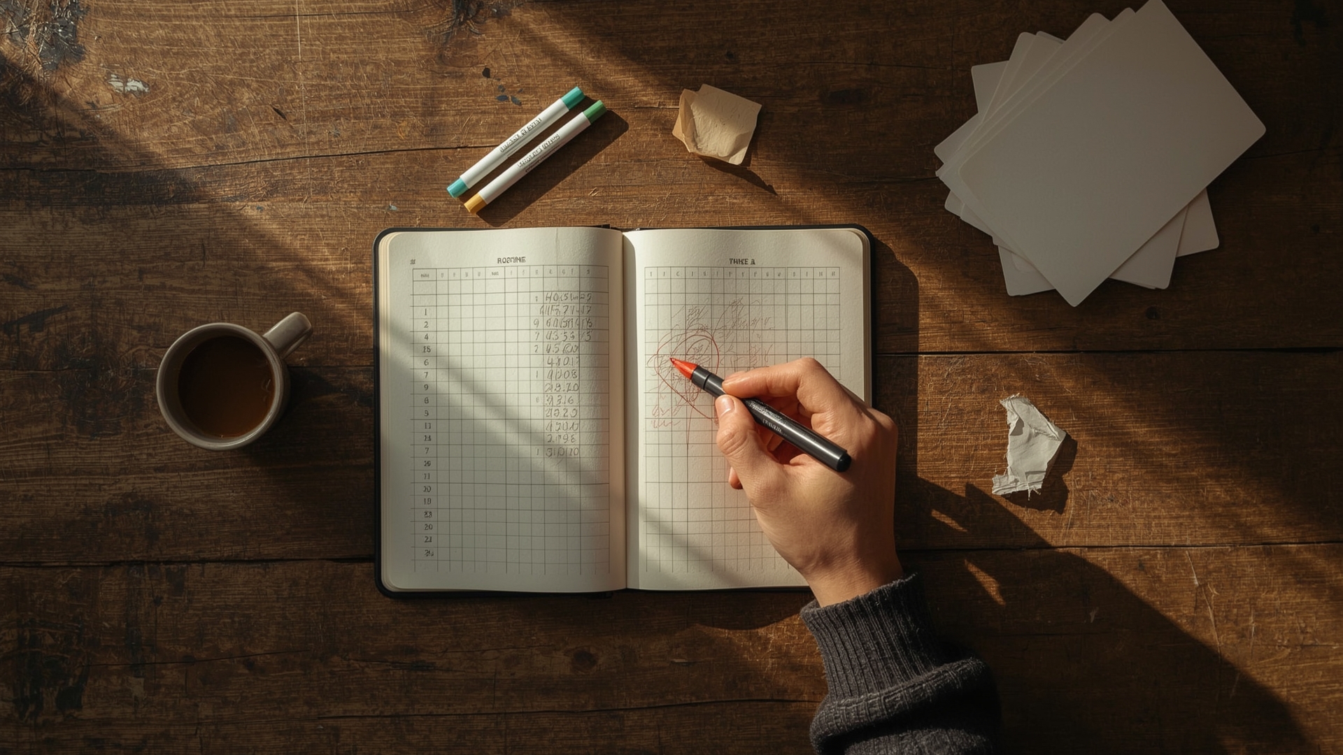 overhead flat lay notebook scoring content gap priority framework with markers