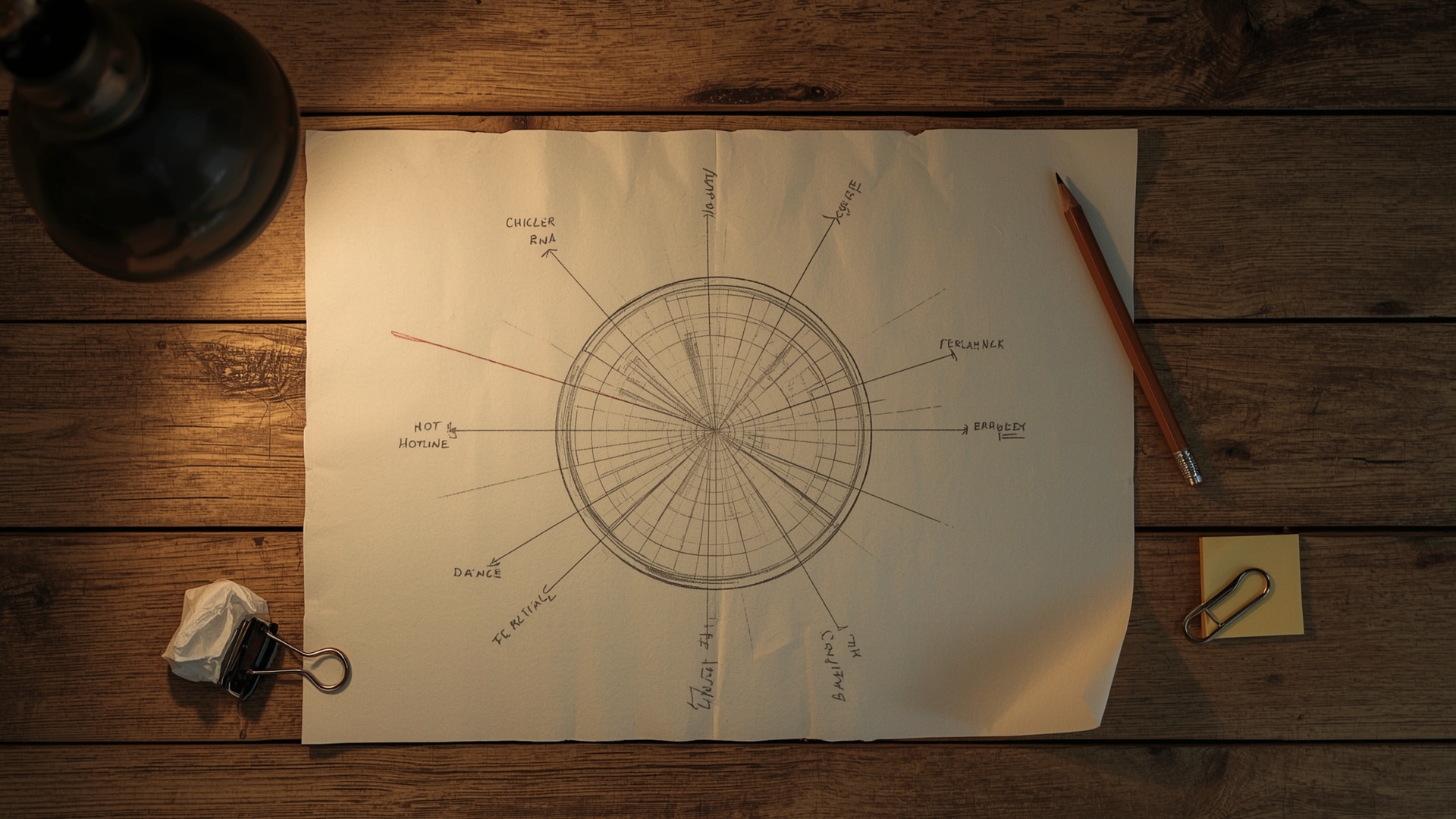 Overhead flat-lay of hand-drawn hub and spoke internal linking diagram on desk