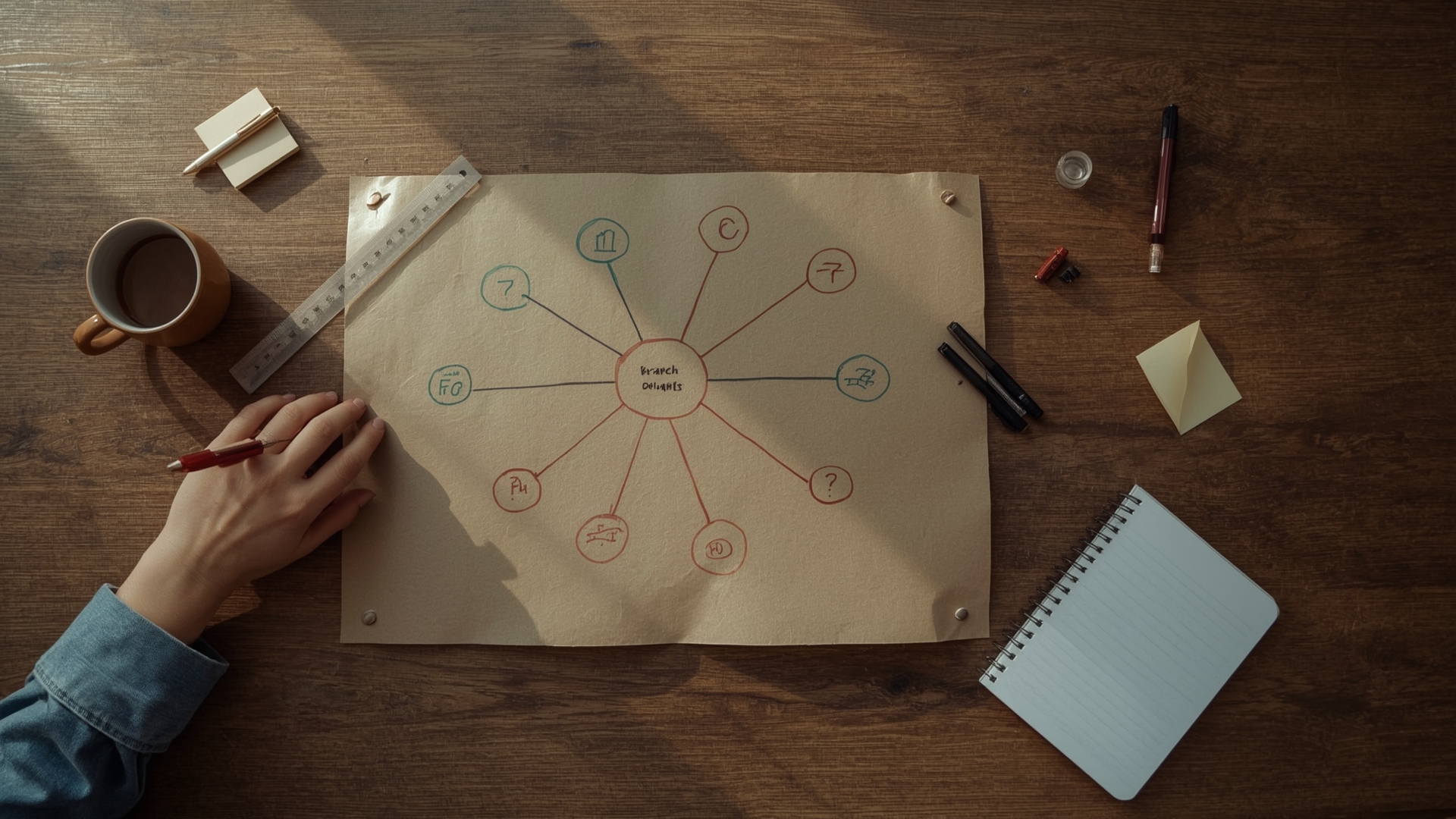 Overhead view of hand-drawn semantic content branching diagram on kraft paper with colored pens