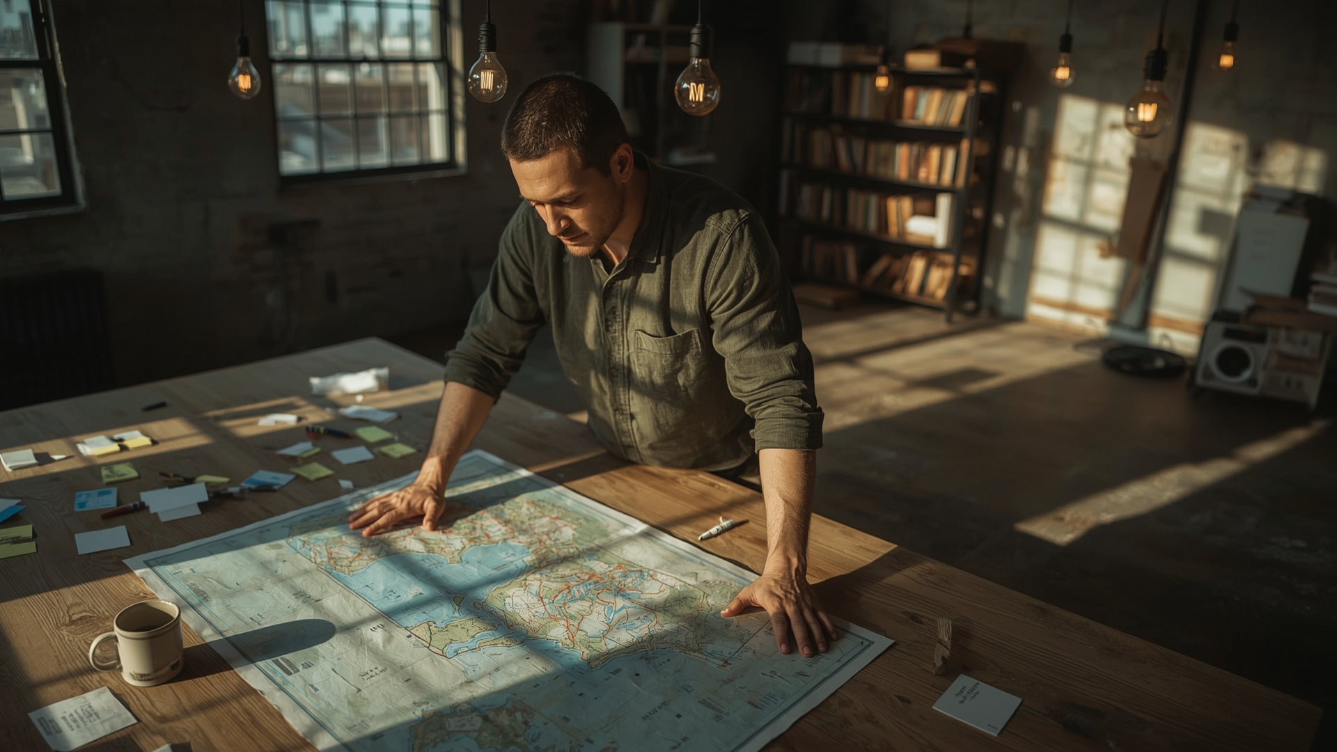 person studying content map with gaps on worktable editorial photograph