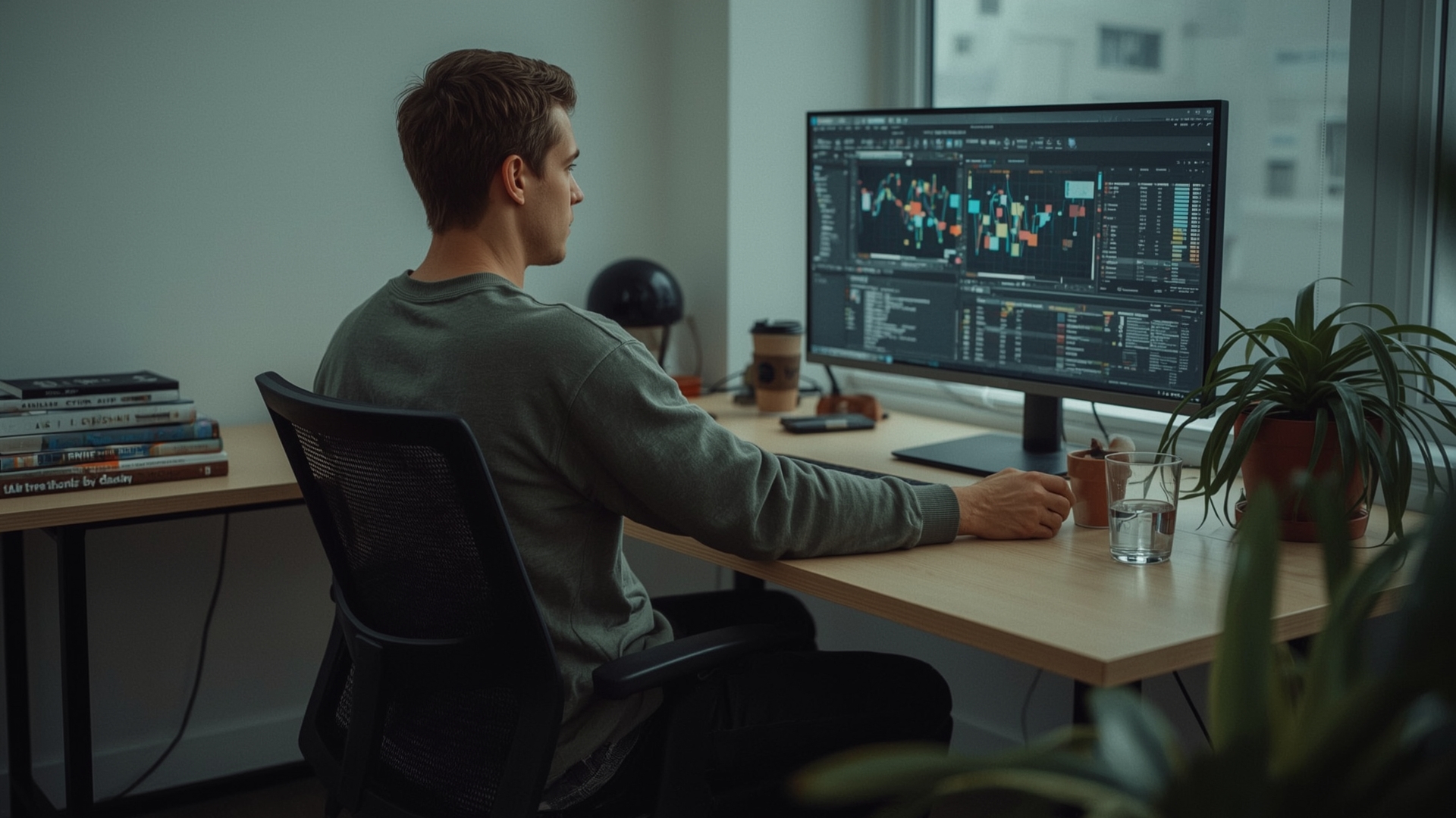 SEO professional auditing internal linking structure on desktop monitor in office