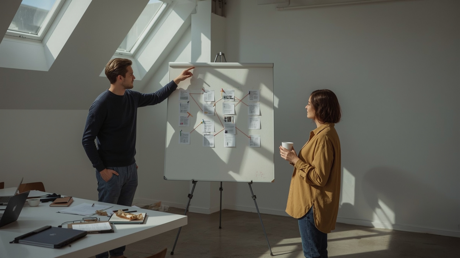 Two content strategists reviewing topical authority cluster map on large foam board in studio