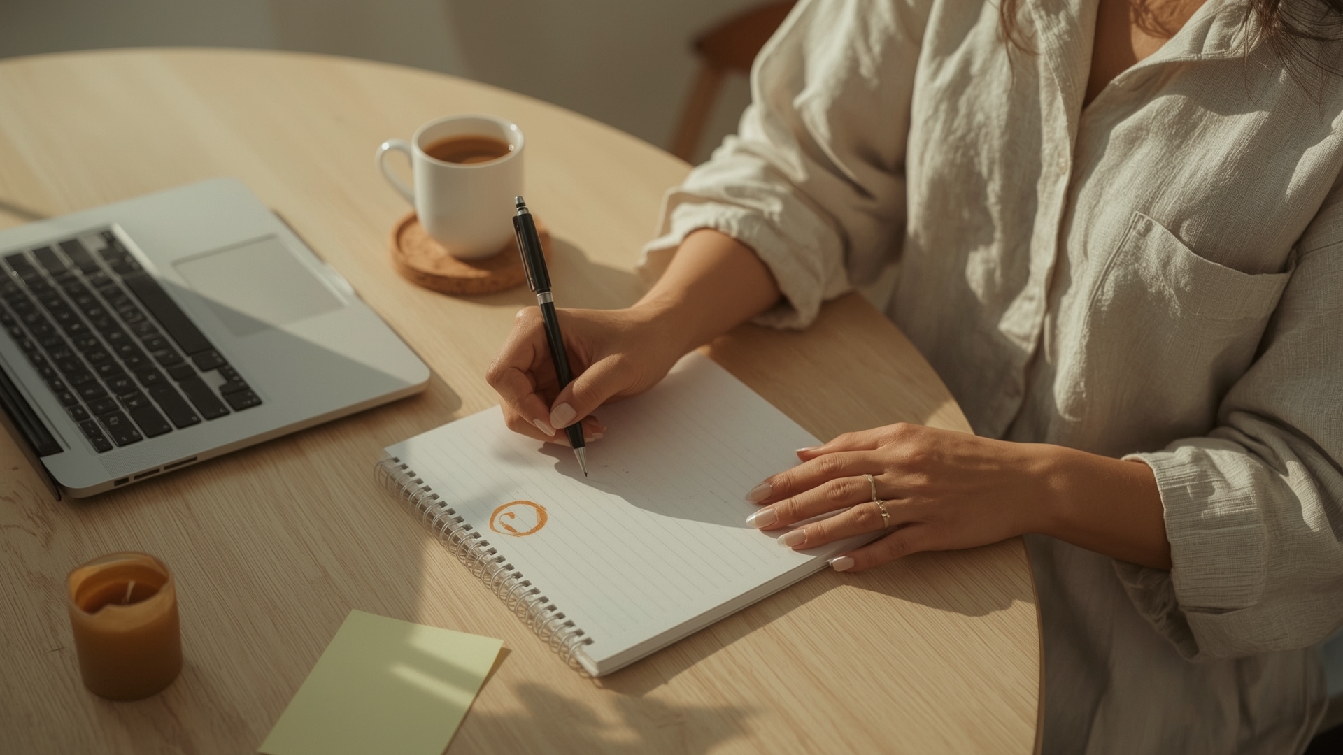 Woman writing internal linking workflow steps in notebook beside laptop at desk