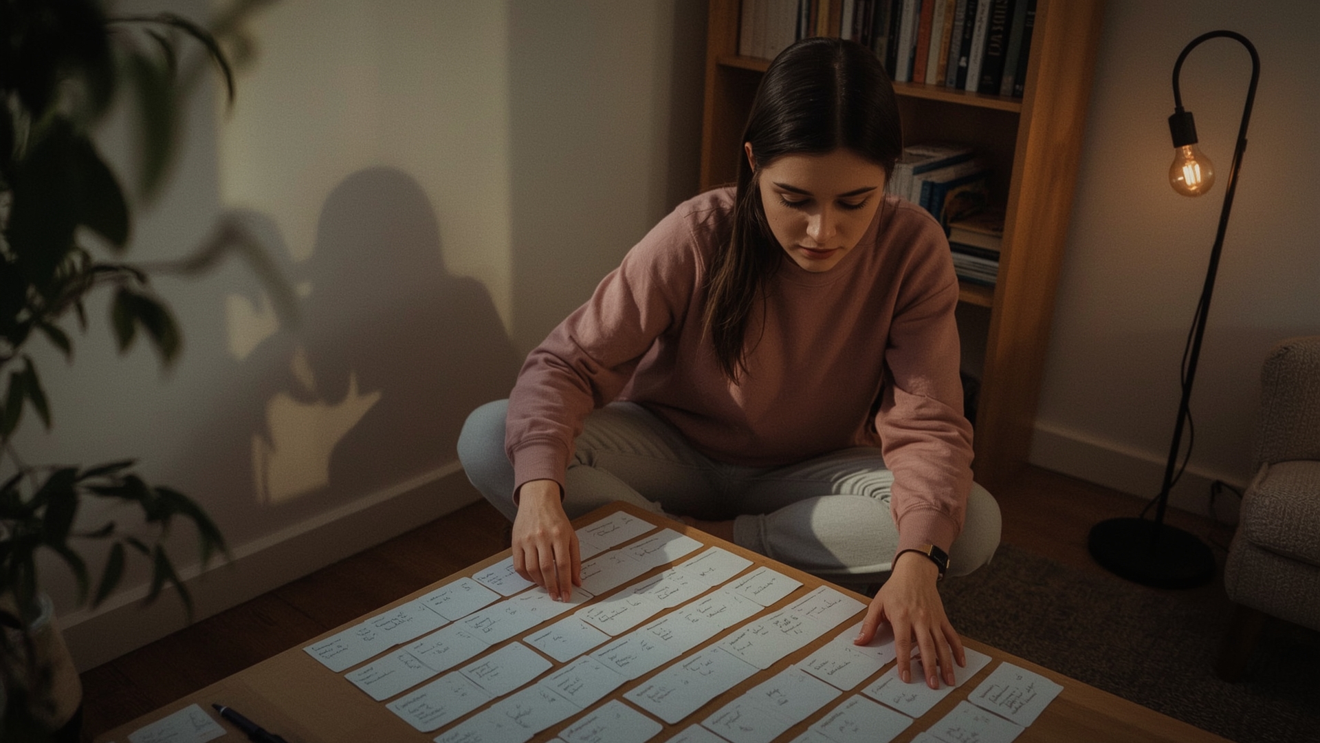 Young woman organizing semantic content structure using index cards on coffee table at home